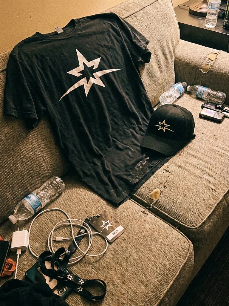 Branding — remera y gorra de Supernovas en un camarín